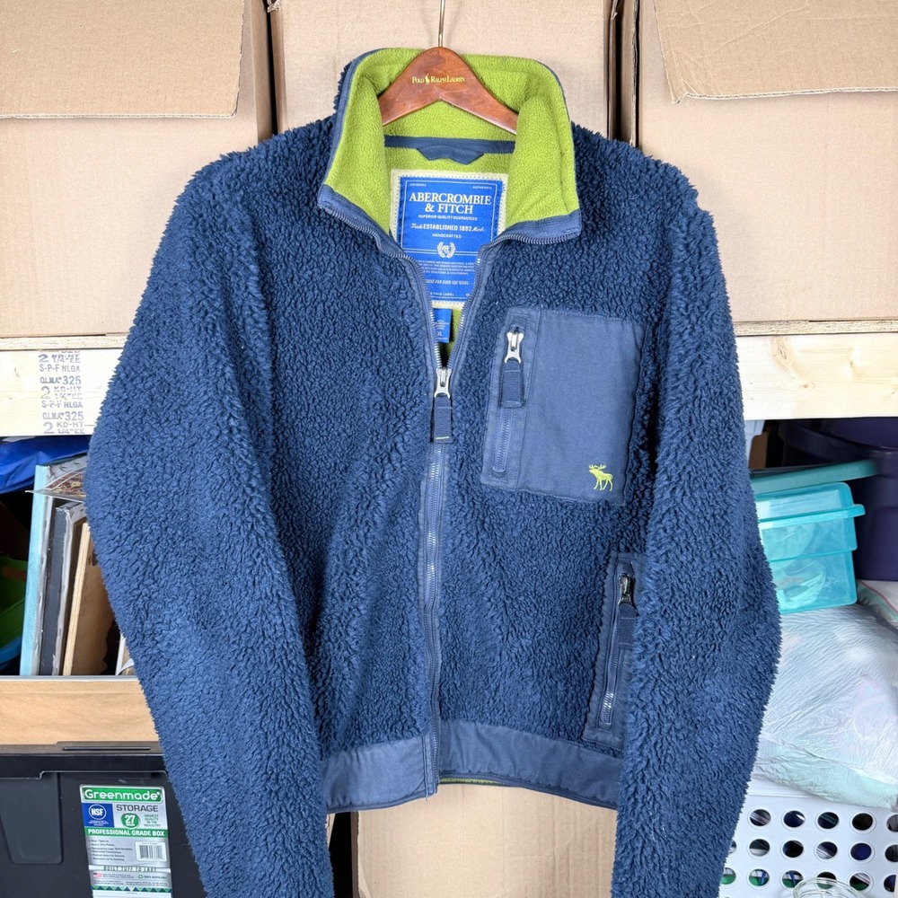 Abercrombie Fitch Mens deep pile Fleece Jacket Sherpa Lined Navy Blue Size XL